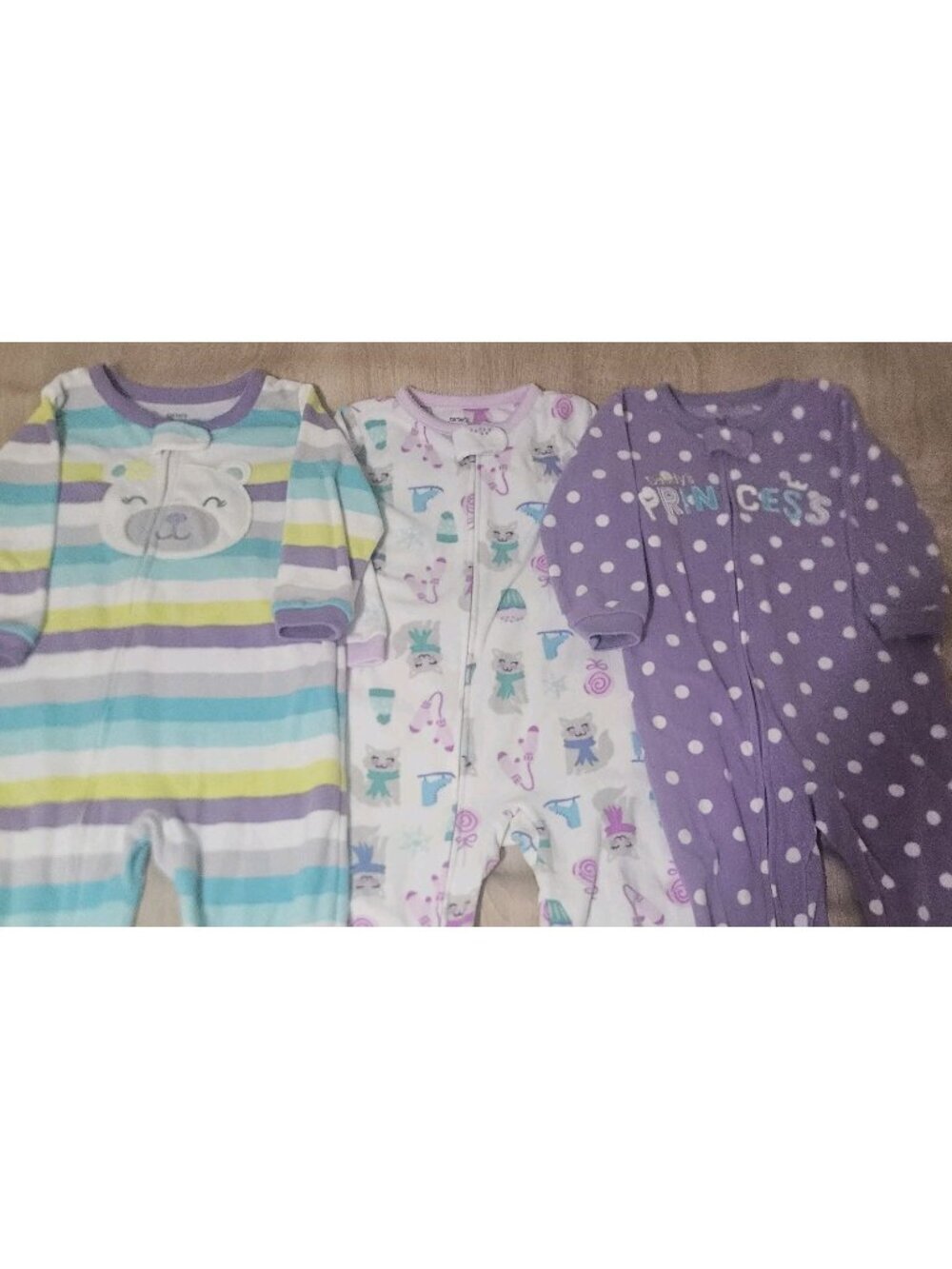 Lot Of 3 Fleece Footed Pajamas Pjs Girls Size 24 Months Carters Cozy Cat Skating